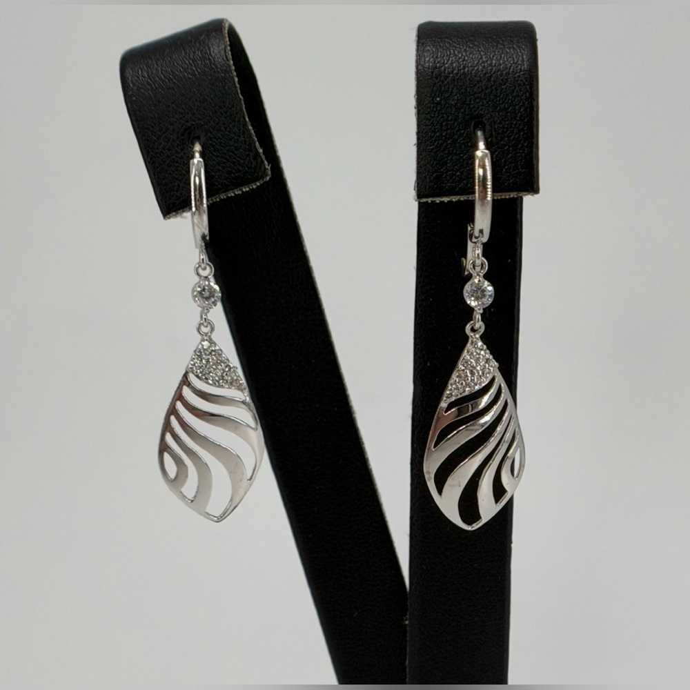 14K White Gold CZ Leaf Dangle Huggie Hoop Earrings 2g Solid Gold Drop New